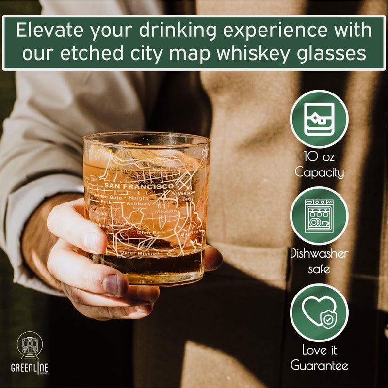 Greenline Goods Whiskey Glasses - 10 Oz Tumbler Gift Set for San Francisco lovers, Etched with San Francisco Map | Old Fashioned Rocks Glass - Set of 2 - Image 5